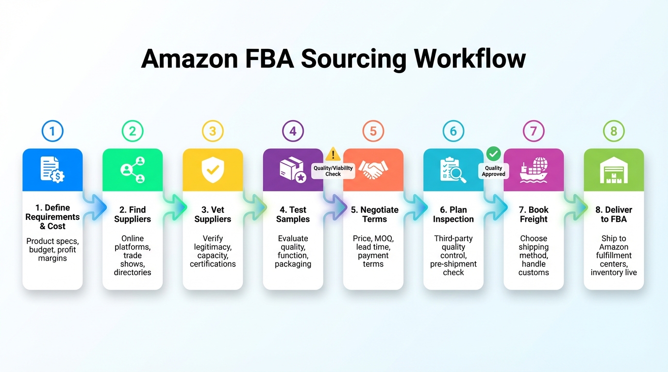 Amazon FBA sourcing workflow: 8-step process from supplier search to quality control, shipping, and FBA delivery with key decision checkpoints
