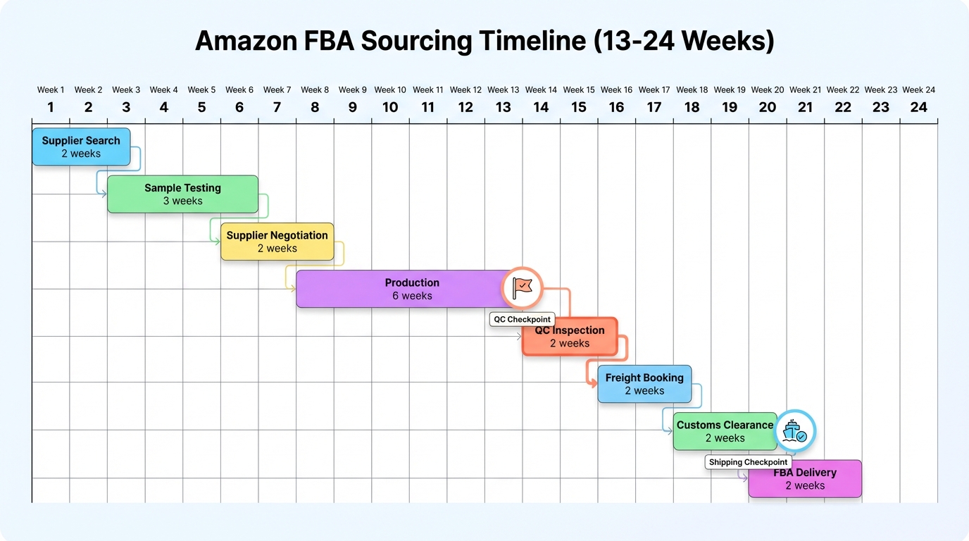 Amazon FBA 8-step sourcing timeline in Gantt-style view, showing 13-24 weeks from supplier search to inventory being ready, with QC and shipping checkpoints.