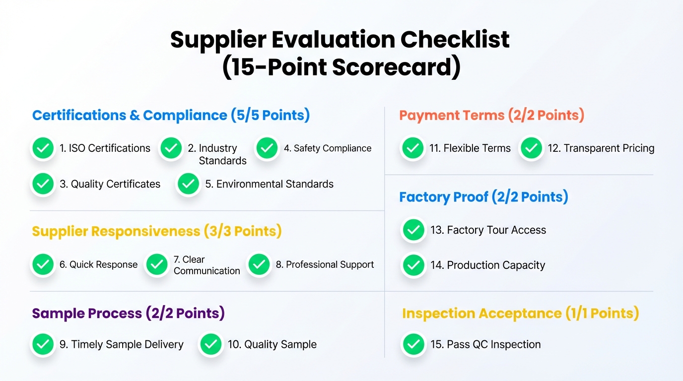 Supplier evaluation checklist: 15-point scorecard covering certifications, responsiveness, sample process, payment terms, factory proof, and inspection acceptance.