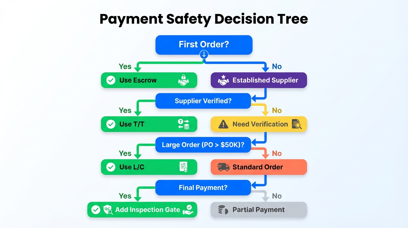 Payment safety decision tree: choose escrow for first order, use T/T after verification, add inspection gate before final payment, and escalate to L/C for large POs.