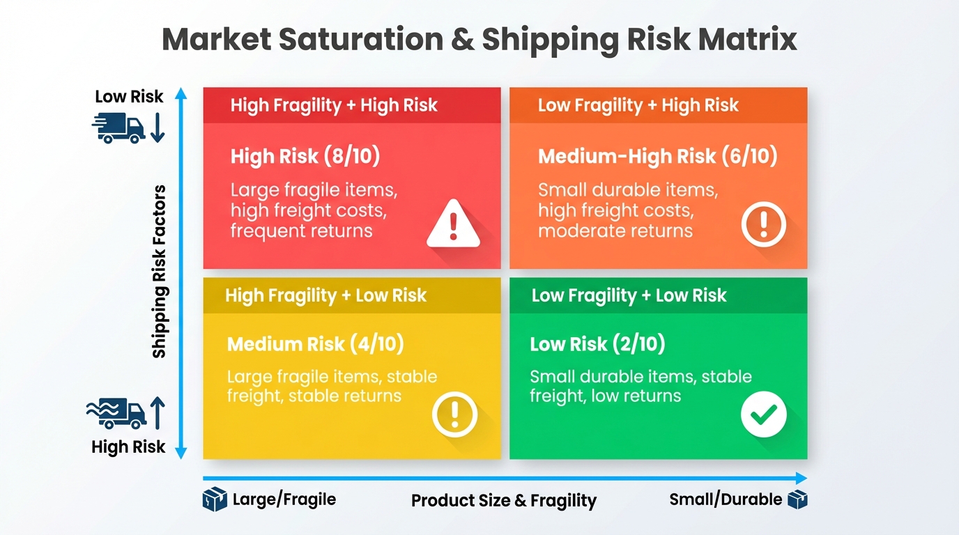 Market saturation and shipping risk matrix, mapping product size and fragility against freight volatility and return risk for Amazon FBA.