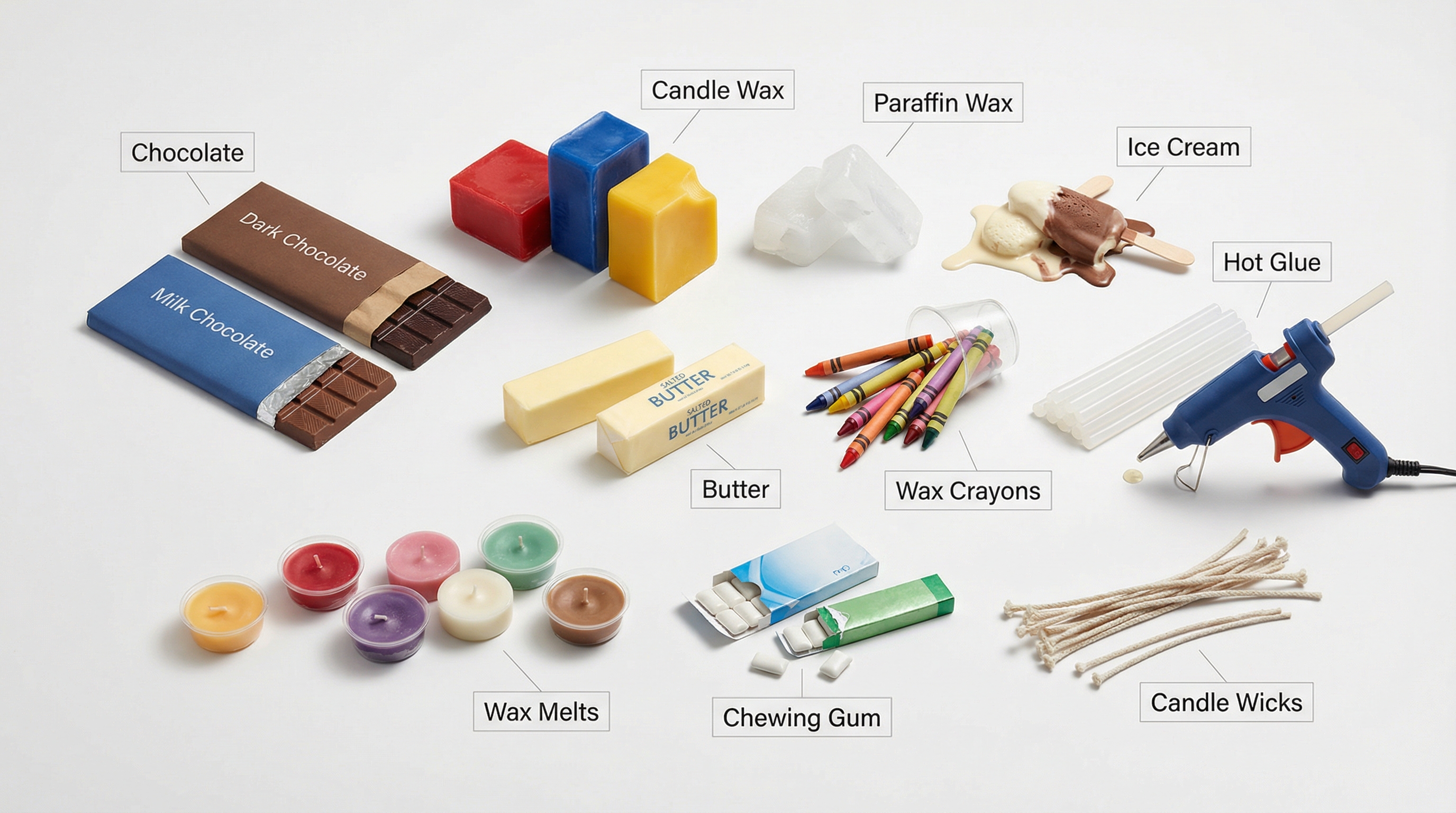 A photo including various meltable and heat-sensitive products, such as chocolate, wax melts, butter, etc.