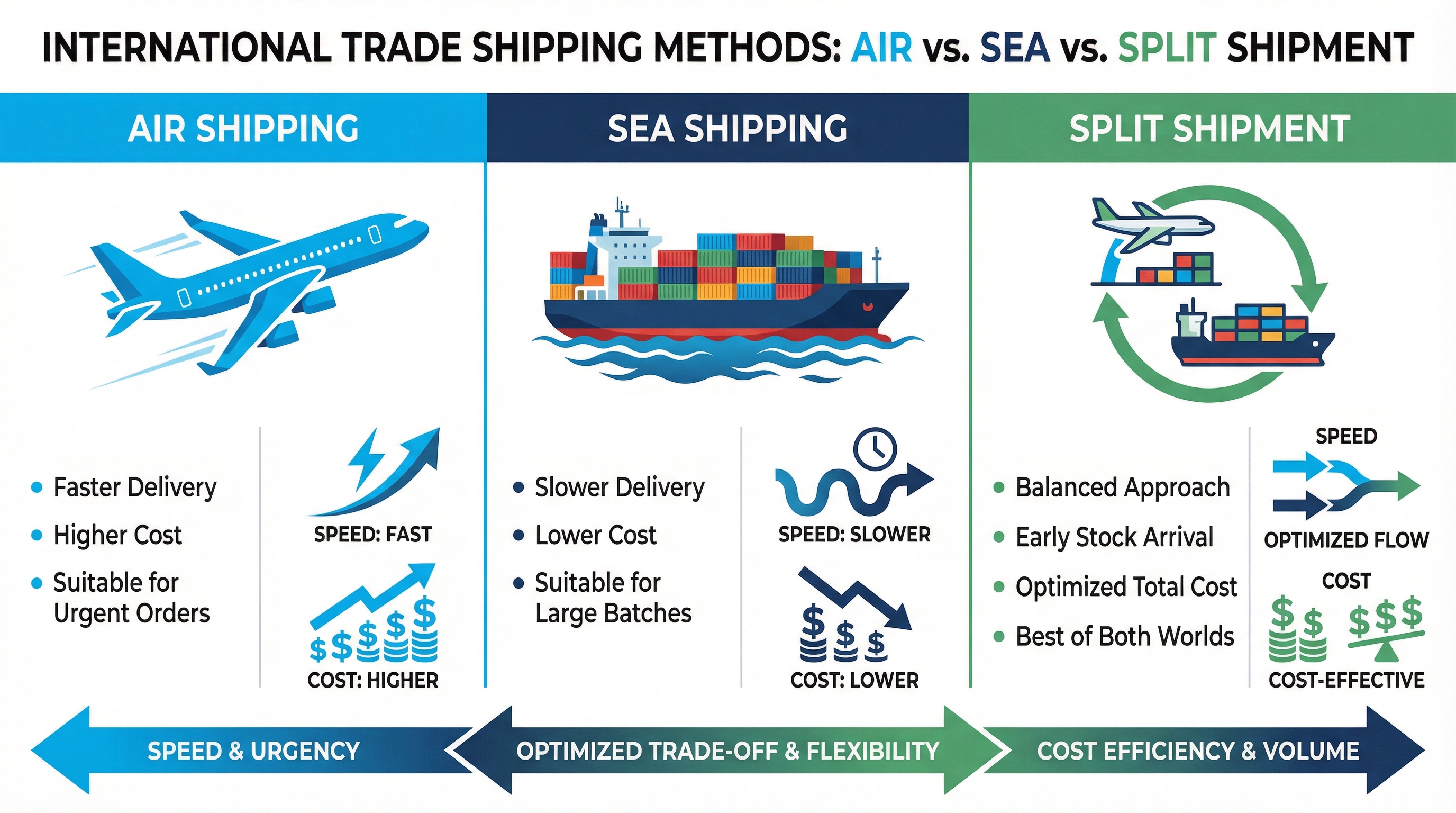 Air vs. sea shipping comparison: air is faster and more expensive, sea is slower and less expensive; split shipments balance early stock, and total landed cost.