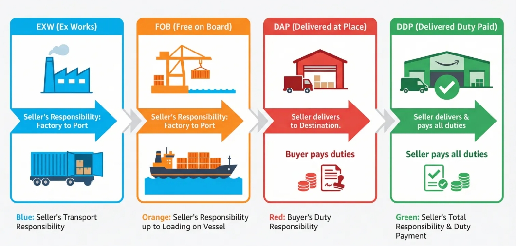 Incoterms responsibility map: EXW and FOB require seller managed shipping after factory or port, DAP delivers but duties unpaid, DDP delivers with duties paid to Amazon warehouse.