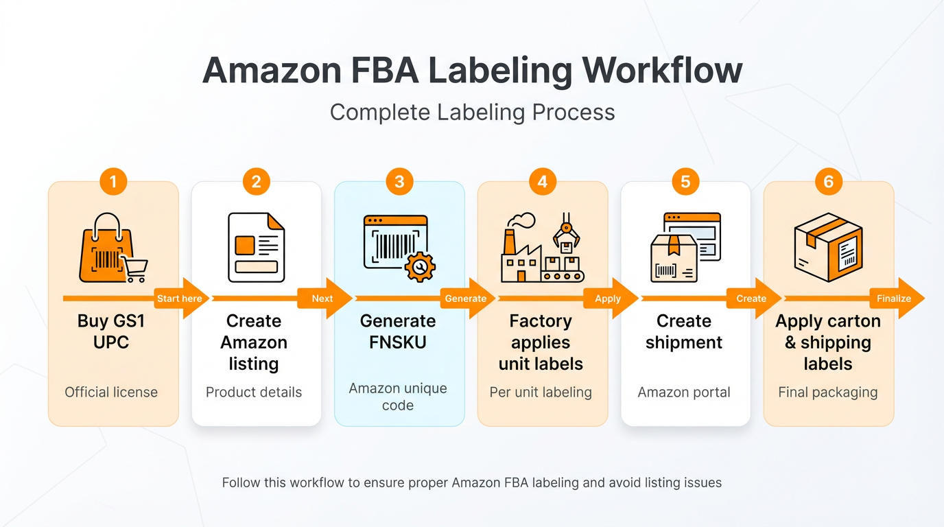 Simple workflow chart for Amazon FBA labeling: buy GS1 UPC, create listing, generate FNSKU, factory applies unit labels, create shipment, apply carton labels and shipping labels.