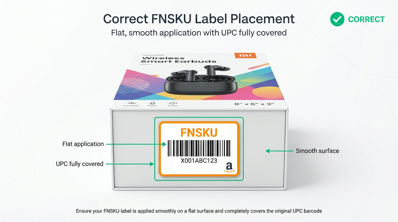 Correct FNSKU label placement on a retail box. Correct shows one flat label smoothly applied and fully covering the UPC.