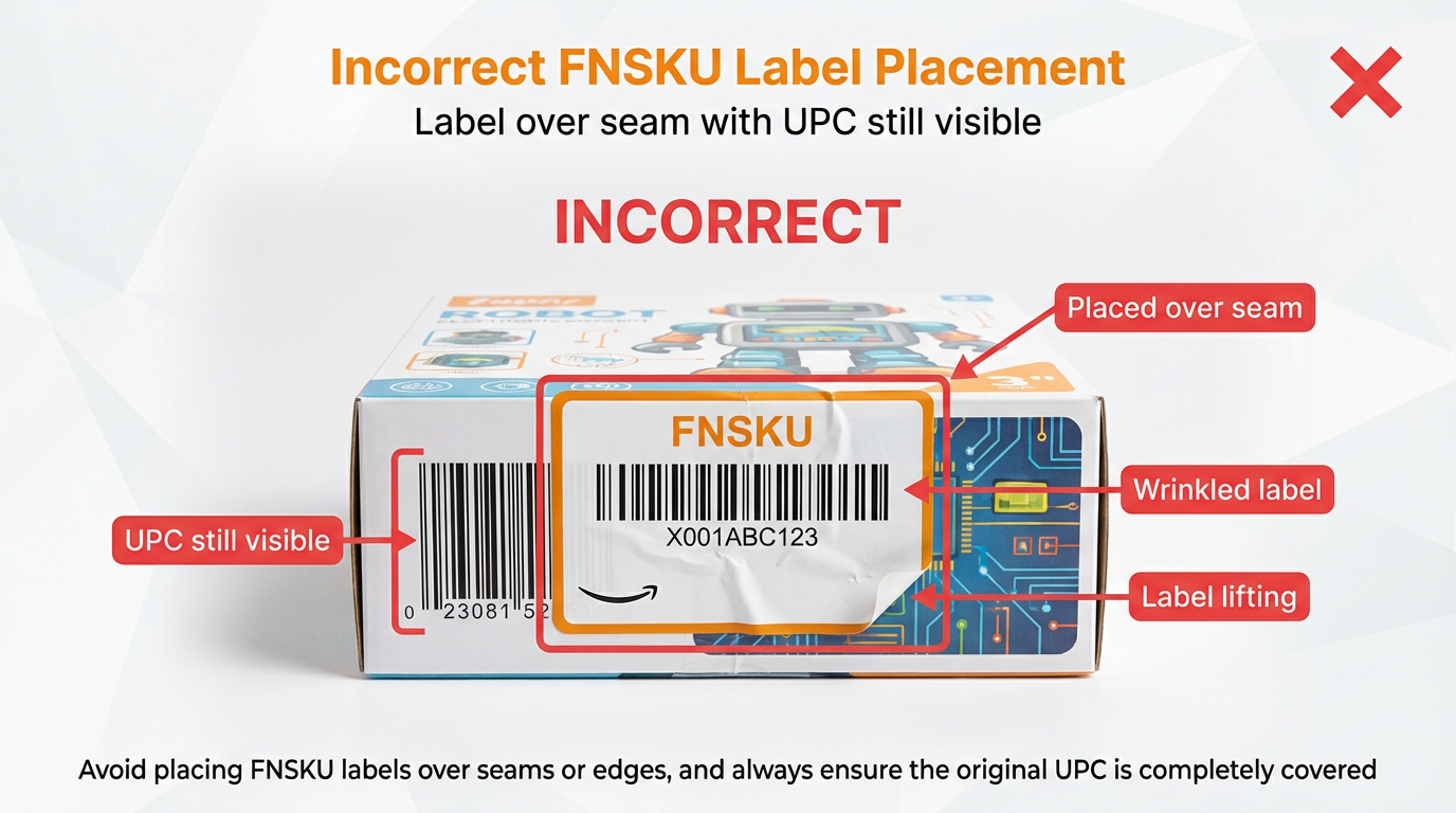 Incorrect FNSKU label placement on a retail box. Incorrect shows a label placed over a seam with another barcode still visible. 
