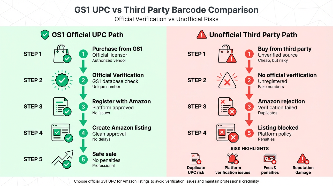 Diagram comparing a verified GS1 UPC purchase path versus an unofficial third party barcode path. The GS1 path shows official registration and verification, while the third party path highlights risks like duplicates and platform verification issues.