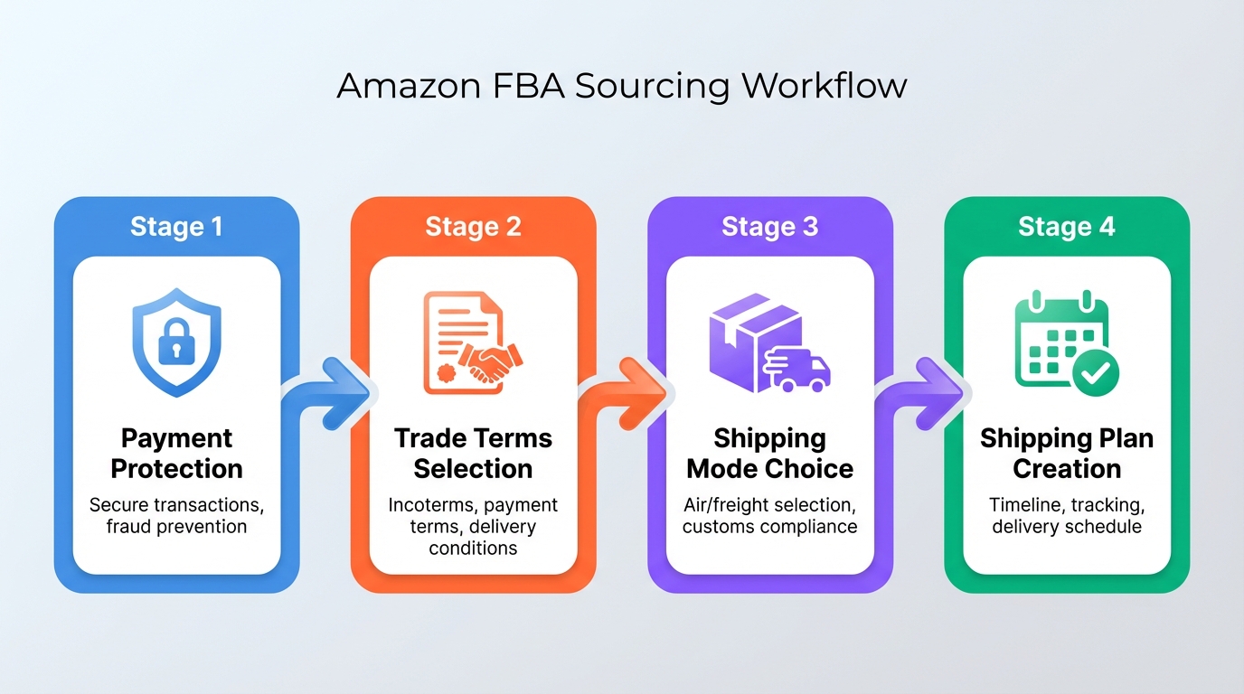 Amazon FBA sourcing workflow overview: payment protection, trade terms selection, shipping mode choice, and shipping plan creation in one timeline