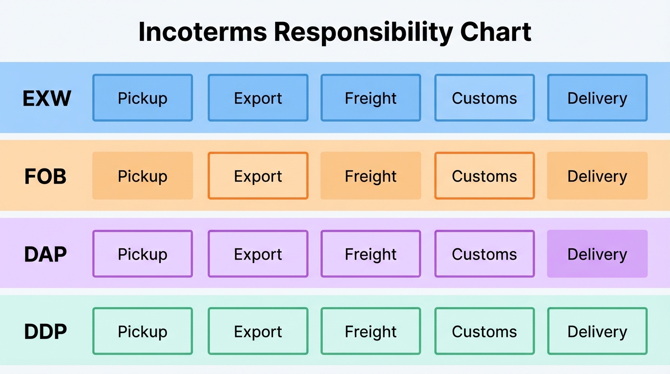 Incoterms responsibility chart for Amazon shipments: EXW vs FOB vs DAP vs DDP showing who controls pickup, export, freight, customs, and final delivery