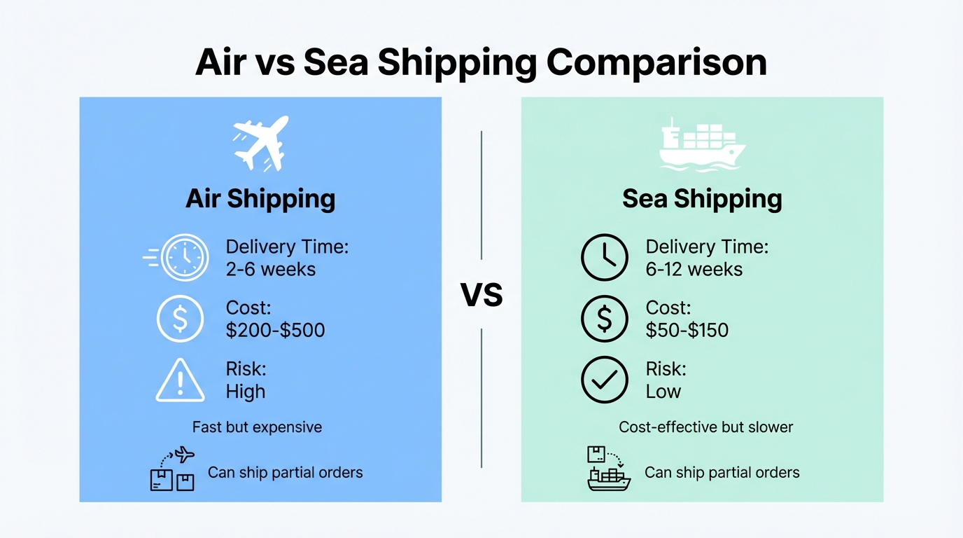 Air vs sea shipping comparison for Amazon FBA: delivery time ranges, cost ranges, and risk considerations with a split shipment example