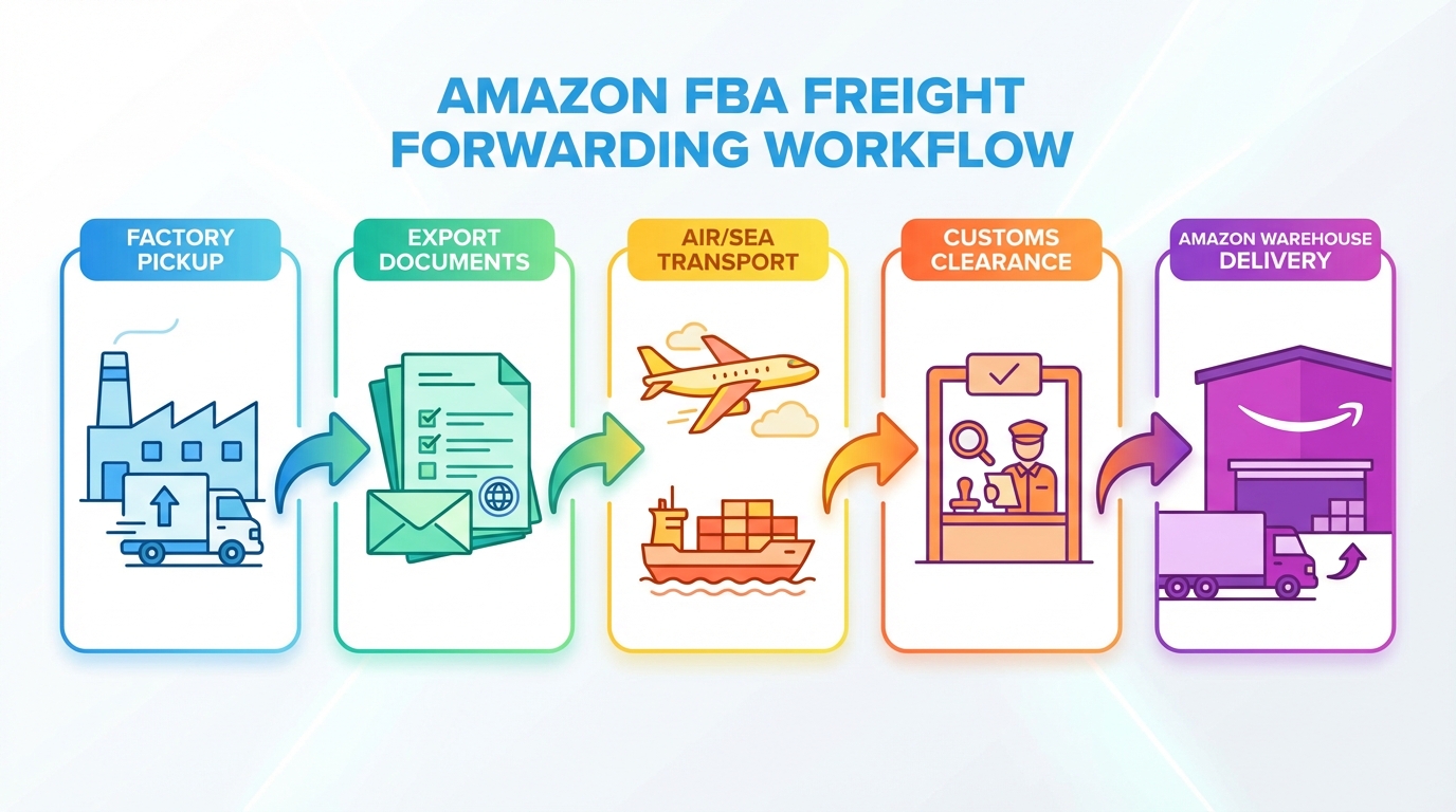 Freight forwarder workflow for Amazon FBA: pickup from factory, export documents, air or sea transport, customs clearance, and final delivery to Amazon warehouse
