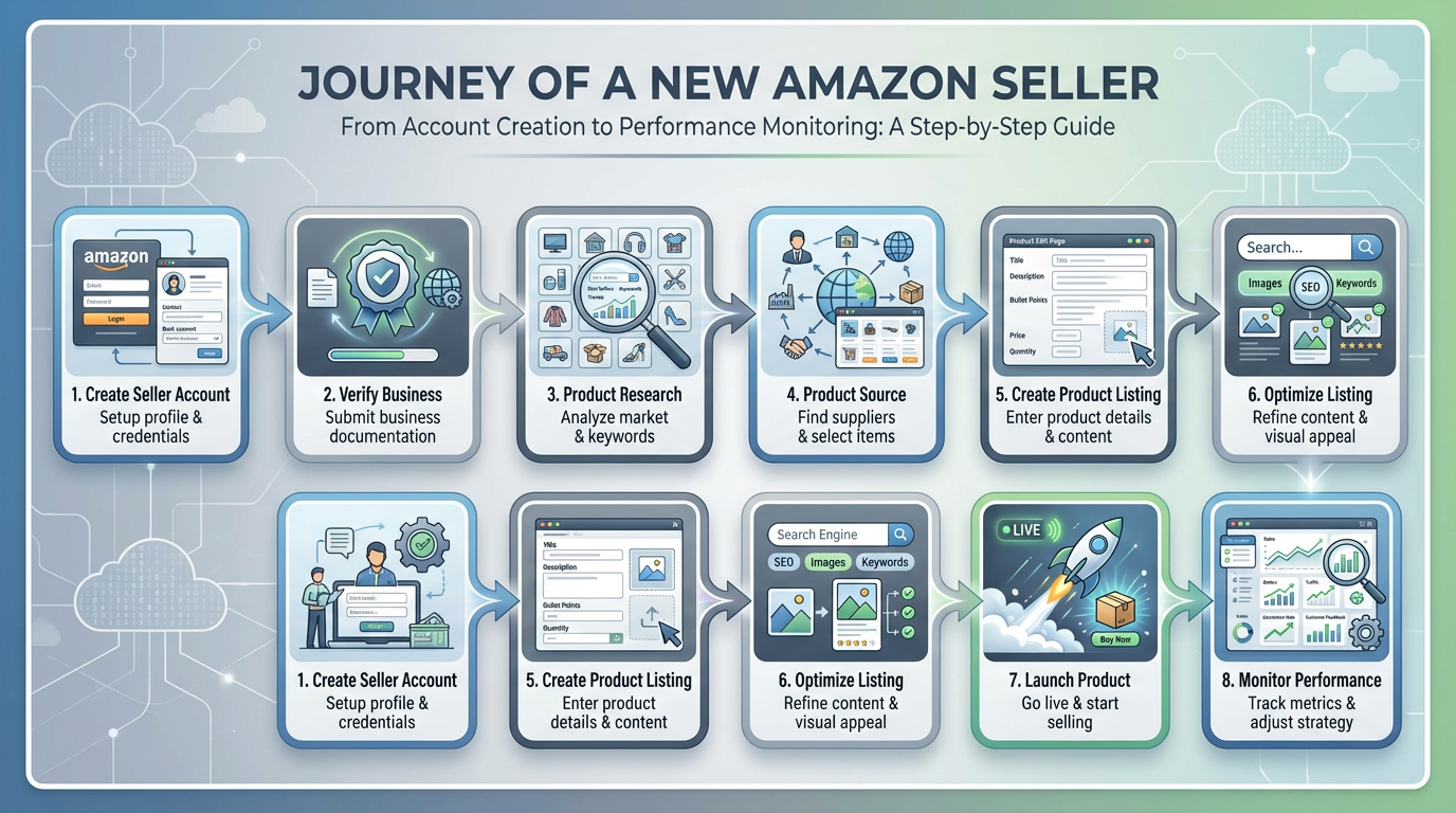 A new Amazon seller setting up an Amazon seller account on Seller Central and planning their first product listing.