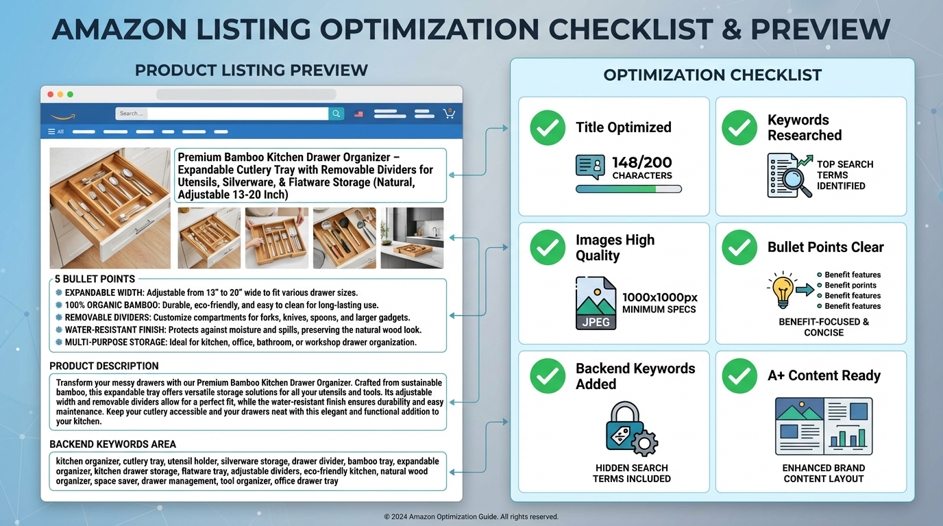 A checklist style view of an Amazon listing with title, bullet points, images, and keywords being optimized.