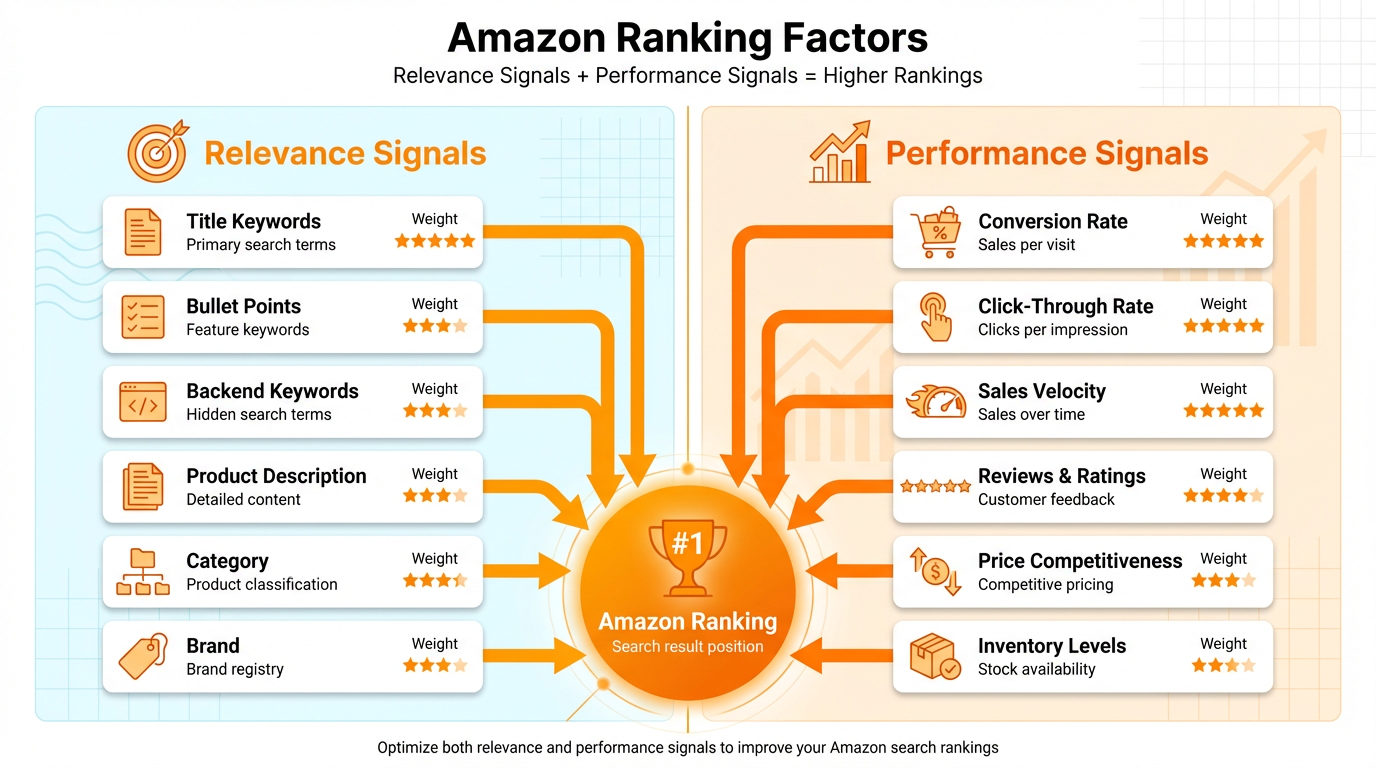  Amazon ranking factors chart grouping relevance signals and performance signals for SEO