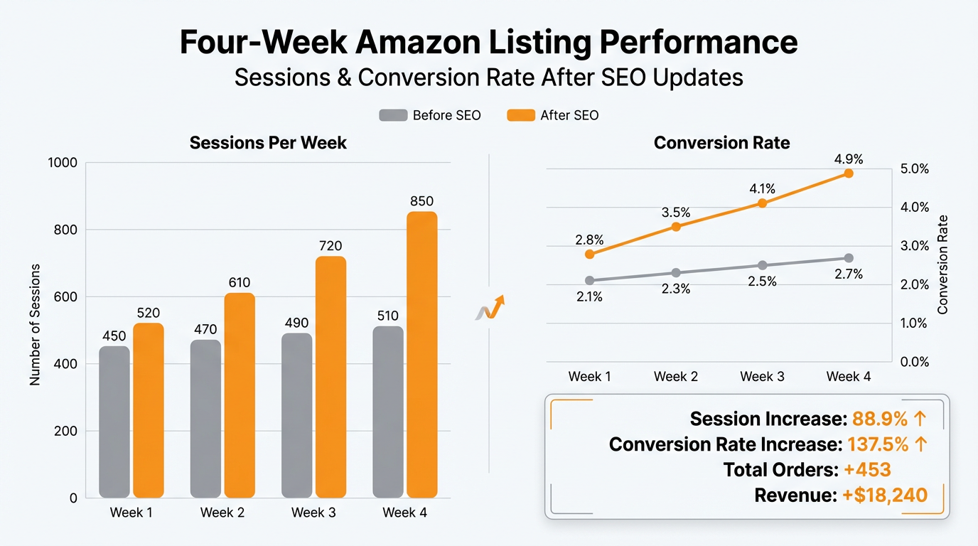 Four-week Amazon listing performance chart showing sessions and conversion rate after SEO updates