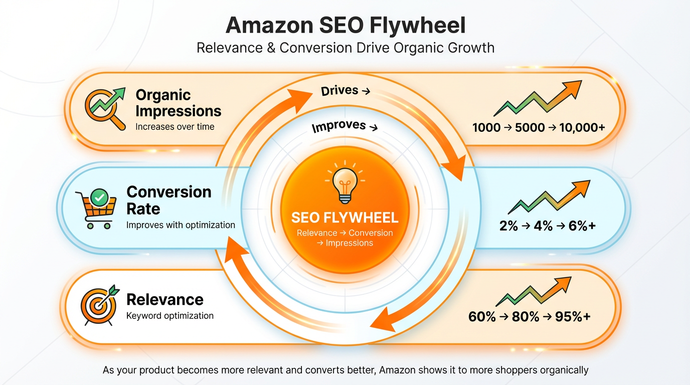 Amazon SEO flywheel showing relevance and conversion increasing organic impressions over time