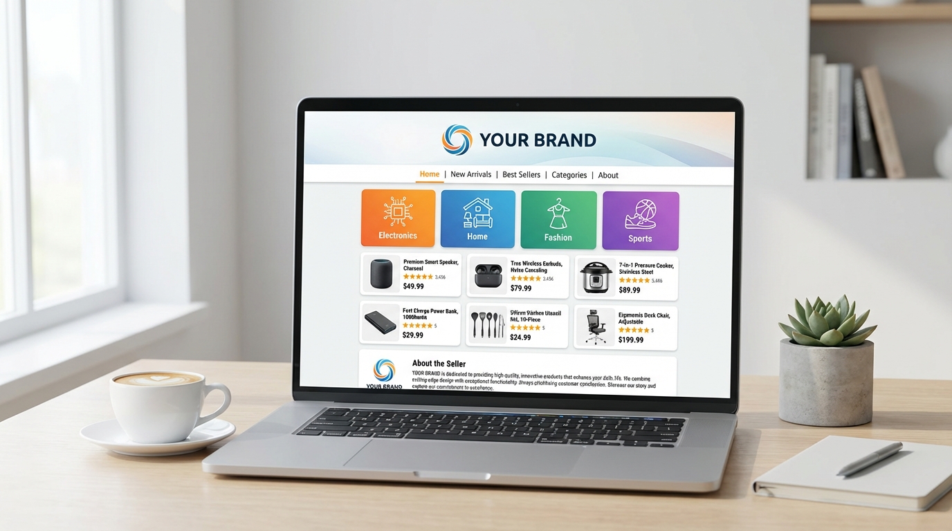 Amazon storefront overview: brand header with logo, navigation menu, category tiles, best seller product grid, and About the Seller brand story panel