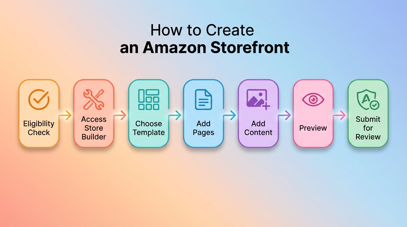 How to create an Amazon storefront: flowchart showing eligibility check, access Store builder, choose template, add pages, add content, preview, submit for review