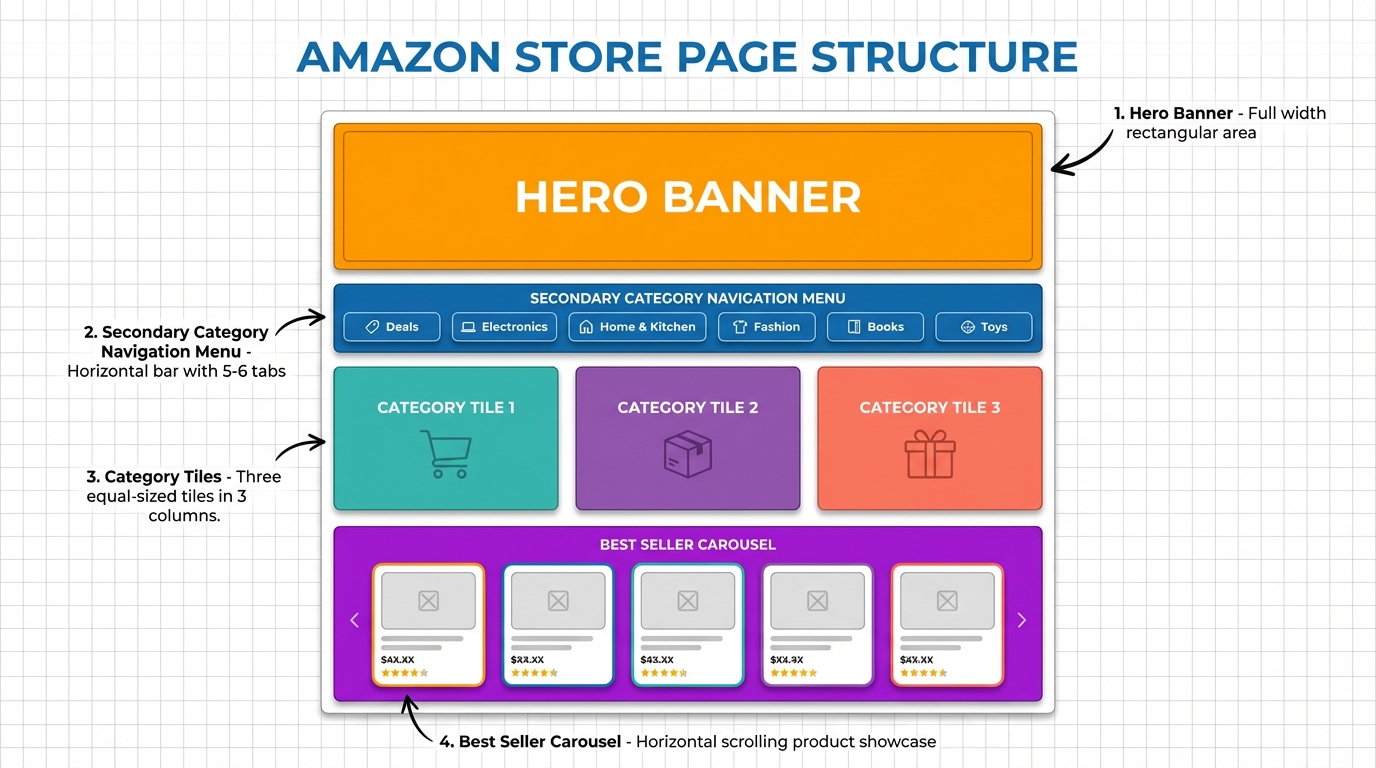 Create Amazon store page structure: home page with hero banner, three category tiles, best seller carousel, and secondary category navigation menu
