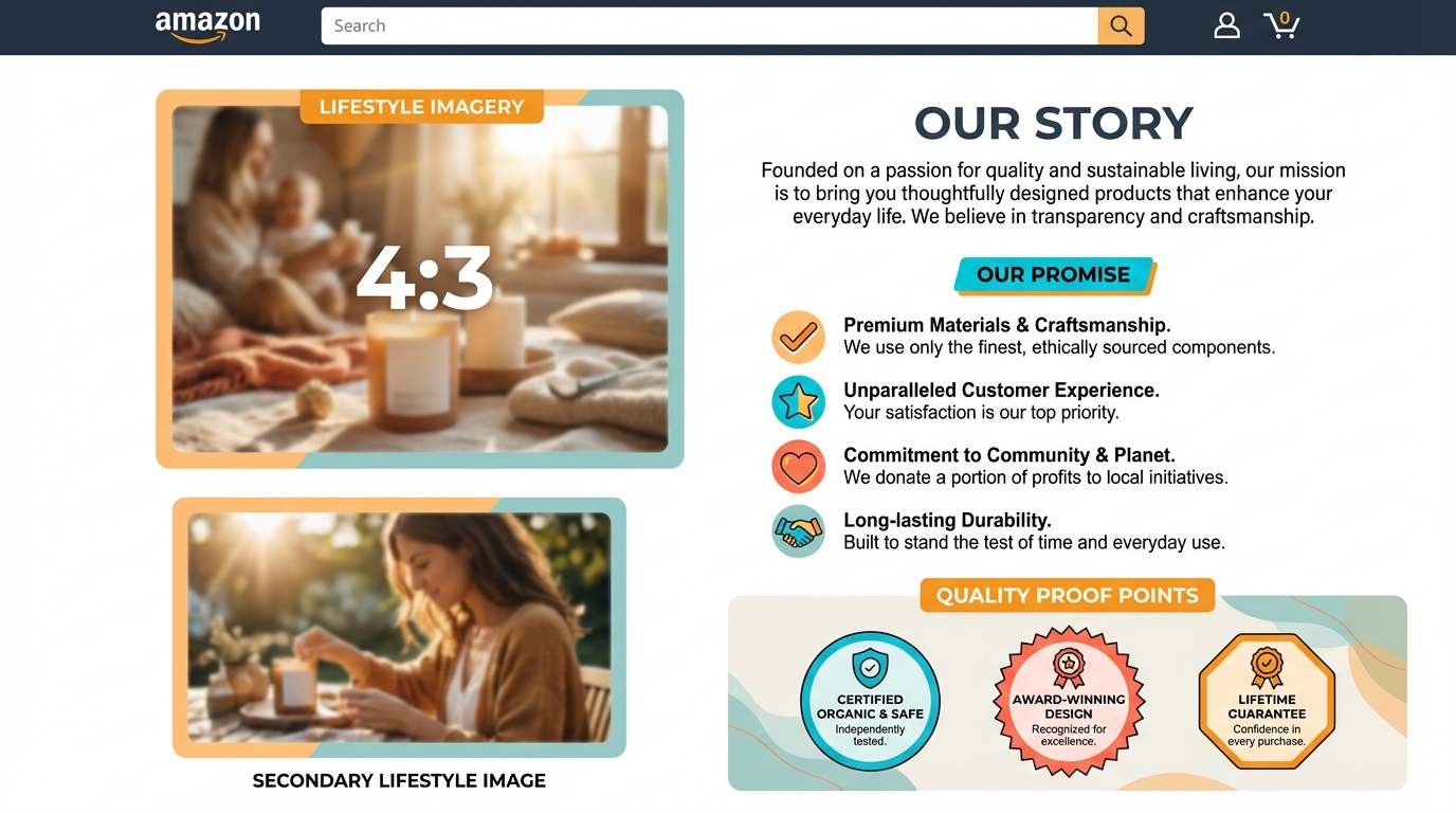 Amazon About Seller brand story in storefront: founder mission statement, product promise bullets, quality proof points, and lifestyle imagery
