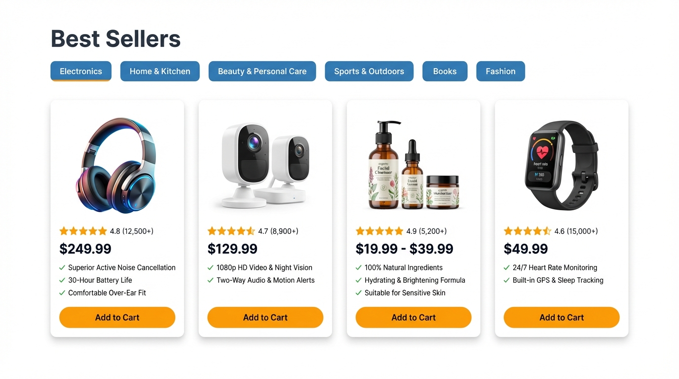 Amazon storefront best seller section: product tiles with ratings, price range, primary benefits, and a category jump menu for cross-selling