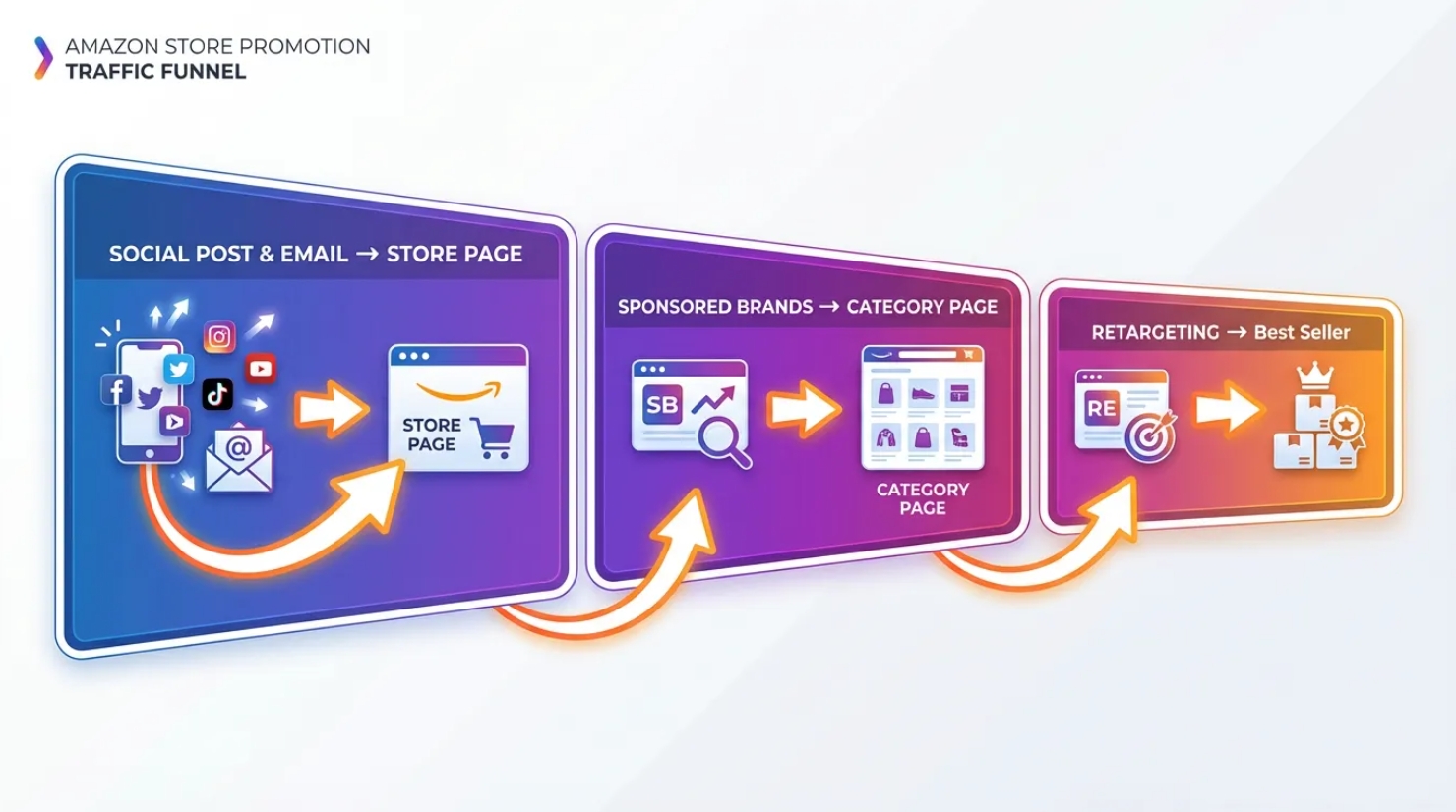 Amazon storefront promotion funnel: social post and email link to store page, Sponsored Brands ad to category page, and retargeting to best seller modules