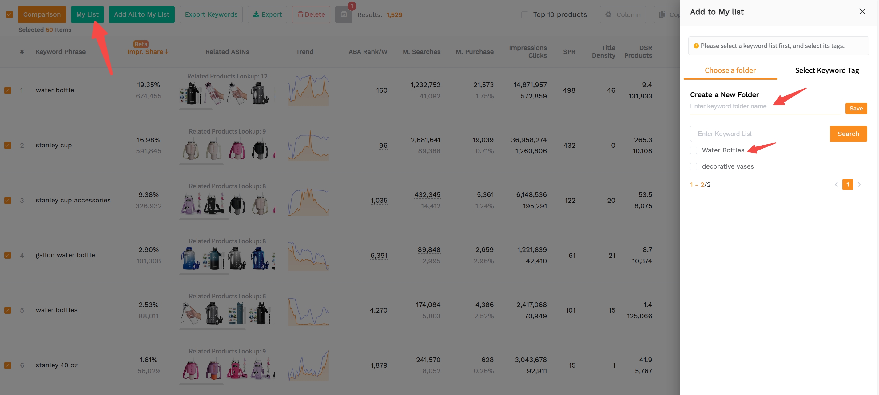 A screenshot guiding Amazon sellers to use SellerSprite's keyword list tool