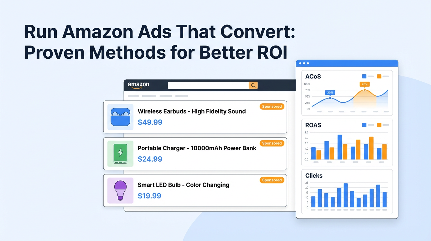 Modern flat illustration of an Amazon ads dashboard, showing Sponsored Products in search results, charts for ACoS, ROAS and clicks, with blue and orange SaaS style accents, concept of high converting Amazon PPC campaigns.