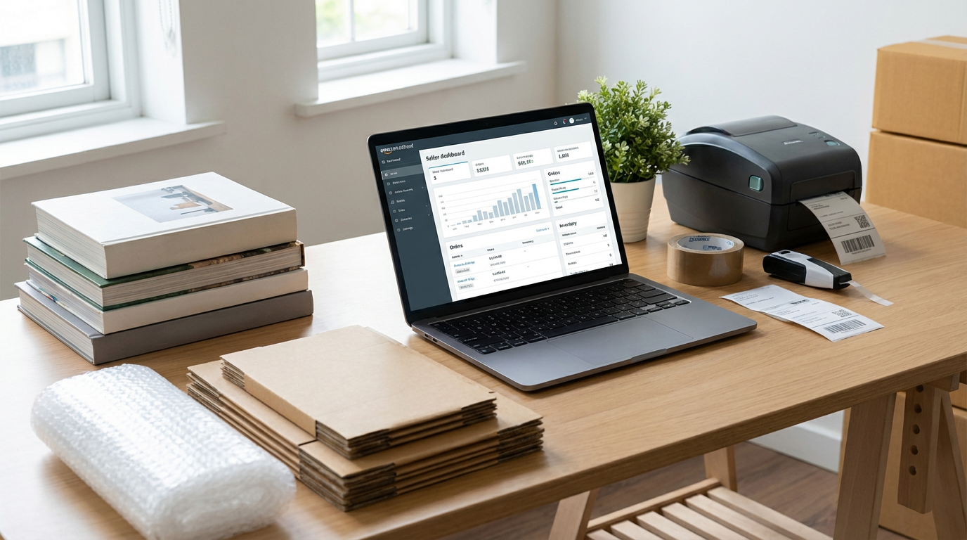 A tidy workspace with a stack of books, a laptop showing a seller dashboard, and packing supplies ready for shipping book orders.