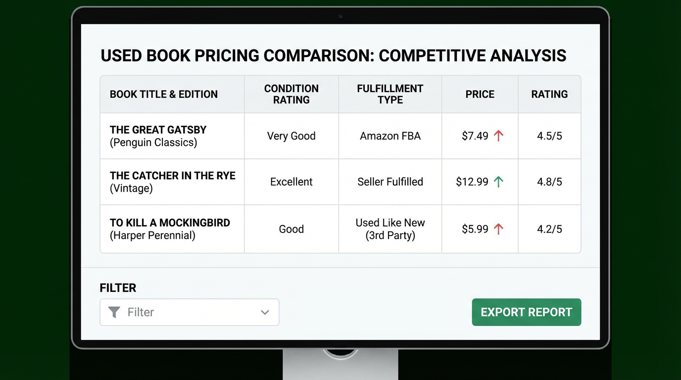 A pricing comparison view showing multiple used book offers by condition and fulfillment type, helping a seller set a competitive price.