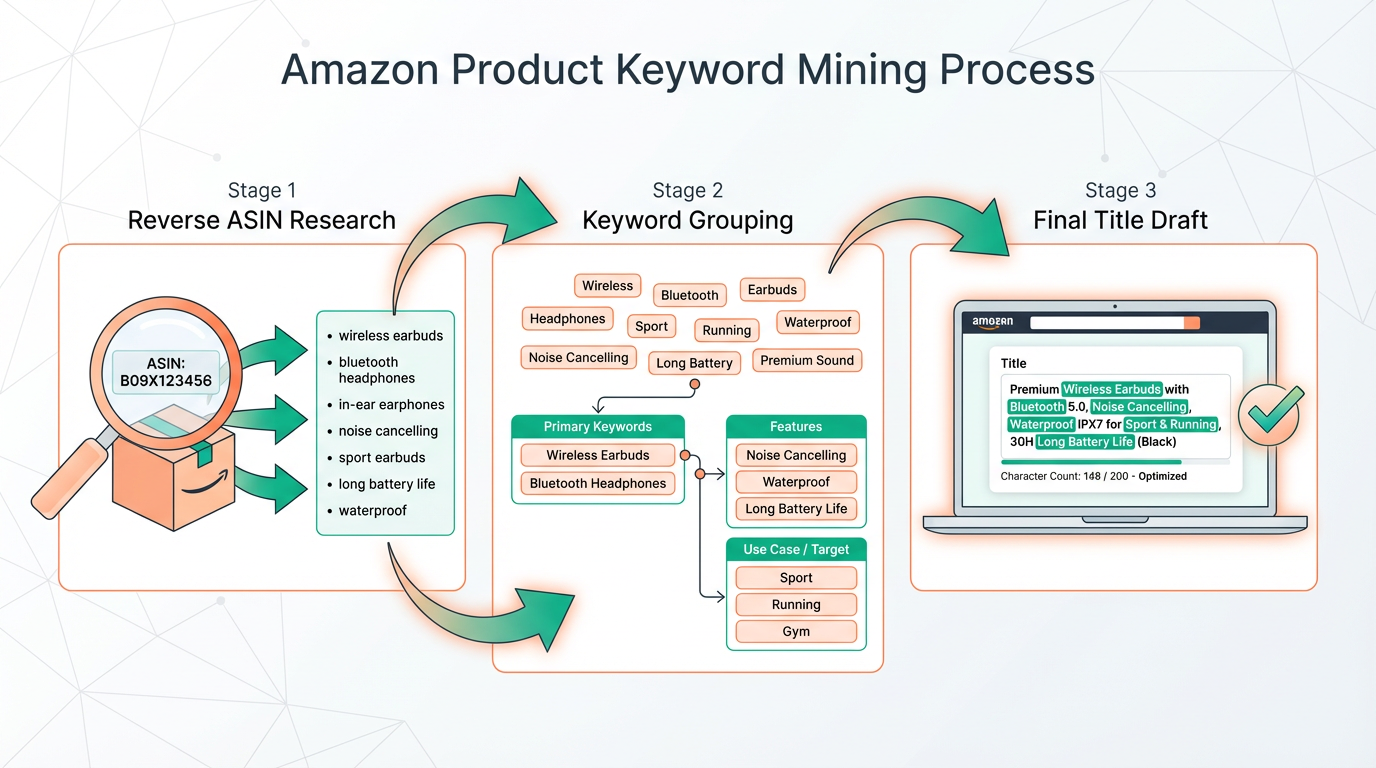 Keyword Mining and Reverse ASIN to keyword list, then grouping, then final title draft.