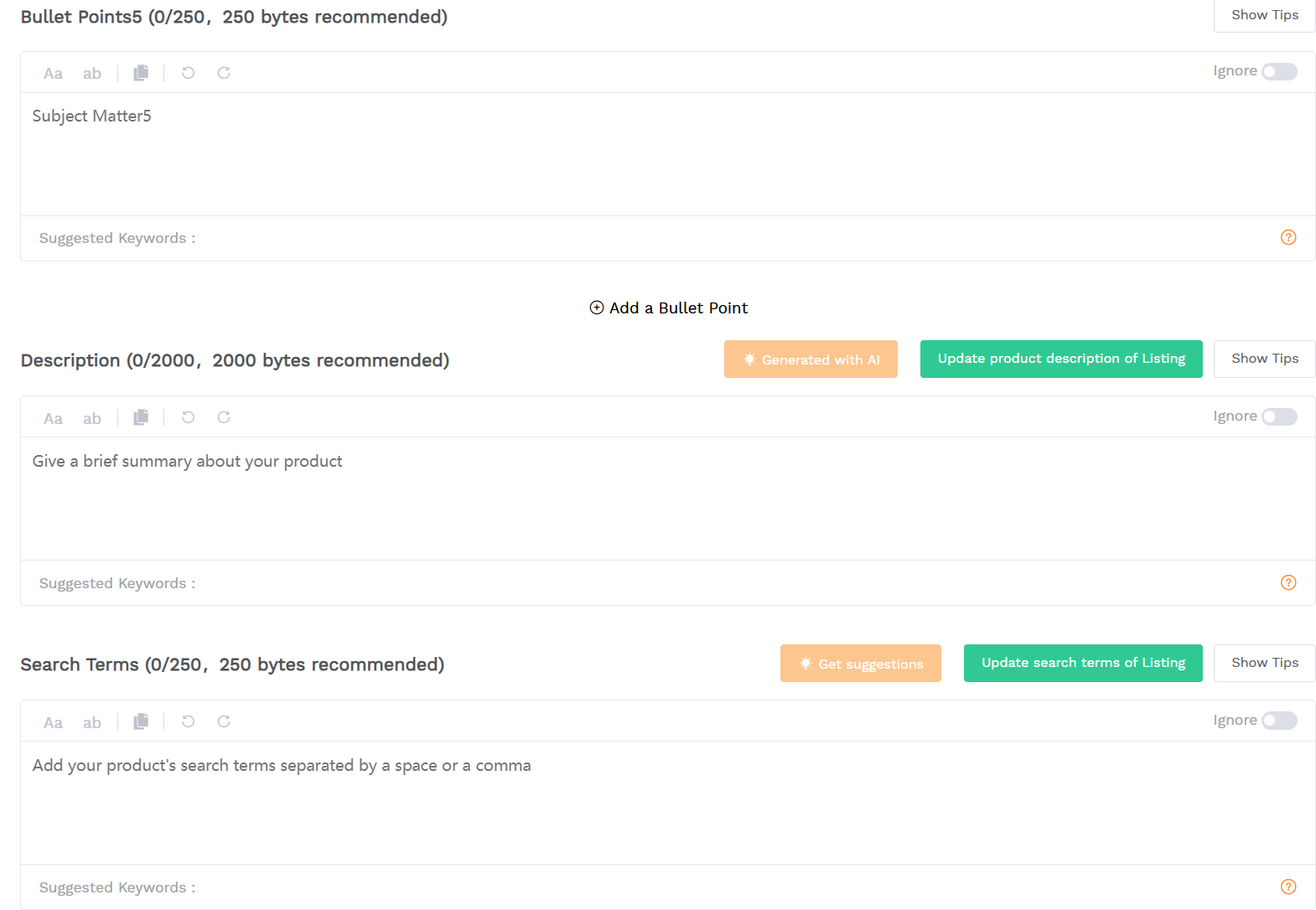 SellerSprite Listing Builder showing backend search terms byte counter under 250 bytes