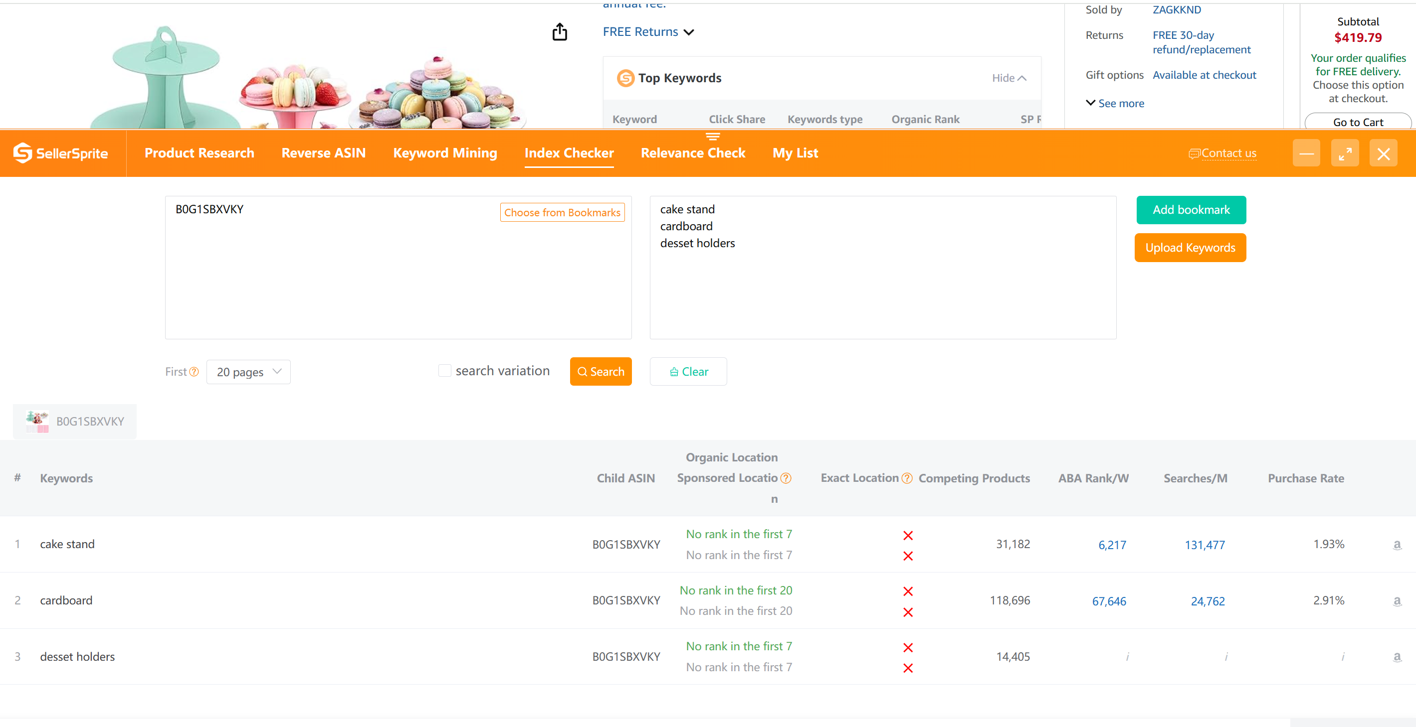 SellerSprite Index Checker showing whether target backend keywords are indexed for an ASIN
