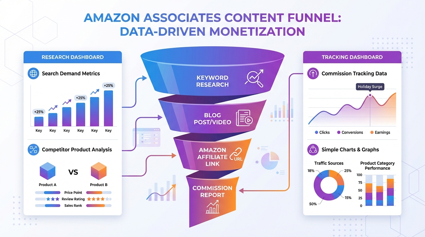 Illustration of a simple content funnel for Amazon Associates: keyword research to blog post or video to Amazon affiliate link to commission report, with panels showing search demand and competitor products