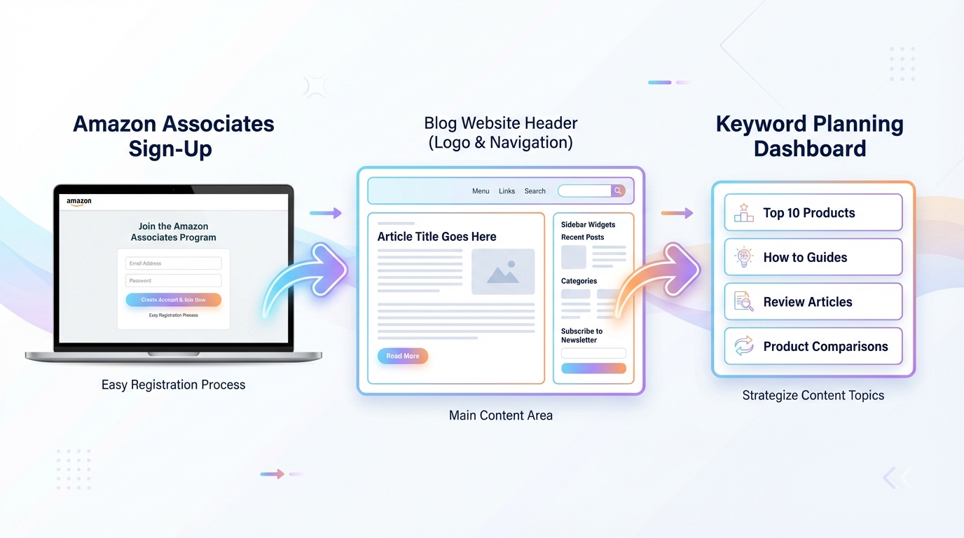 Screenshot style mockup of an Amazon Associates sign up page on a laptop, next to a simple content website layout and a keyword list showing planned article topics