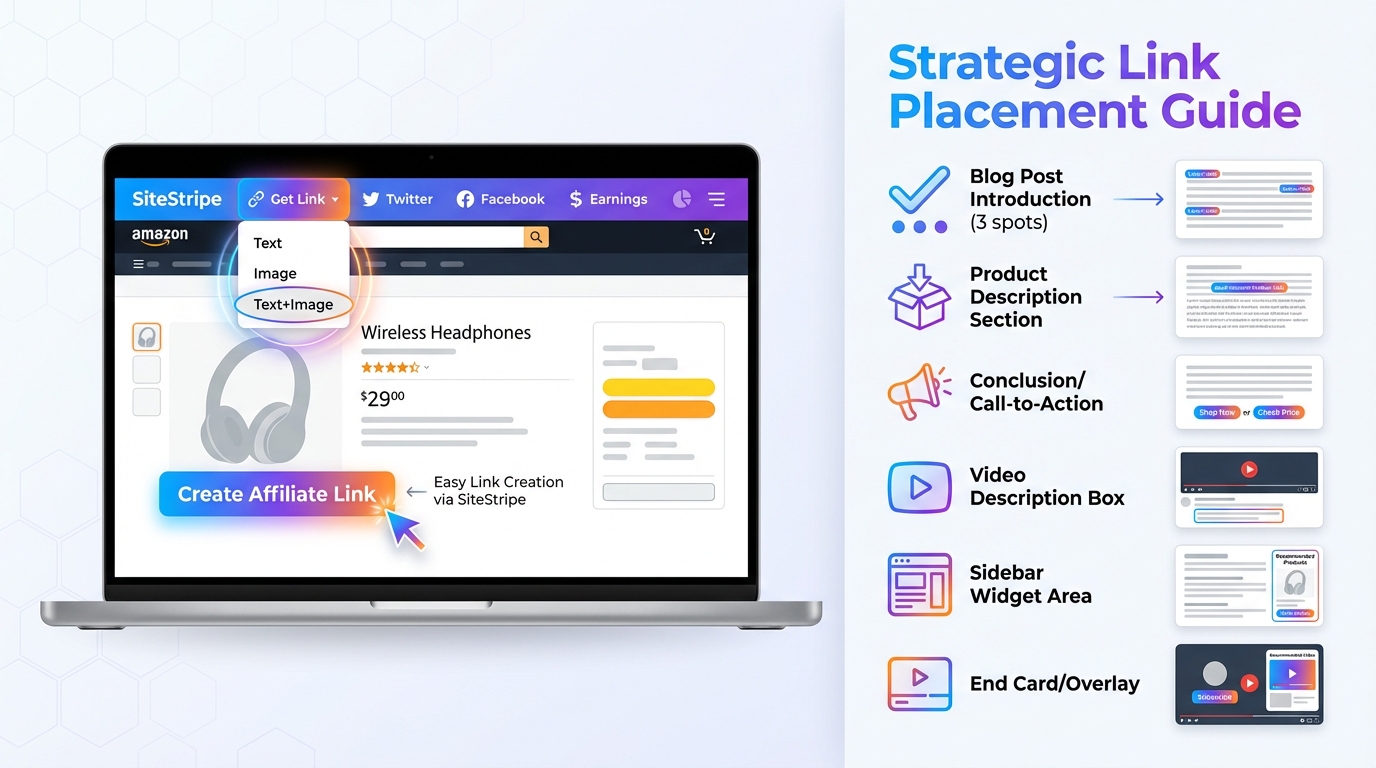 Mock screenshot of Amazon SiteStripe toolbar creating an affiliate link, with a nearby checklist showing where to place links in a blog post and video description
