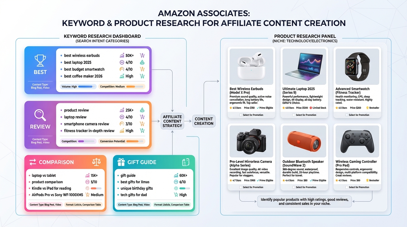 A keyword research dashboard showing affiliate content keywords, grouped by intent such as best, review, comparison, and gift guide, alongside a product research panel with popular Amazon products in a niche