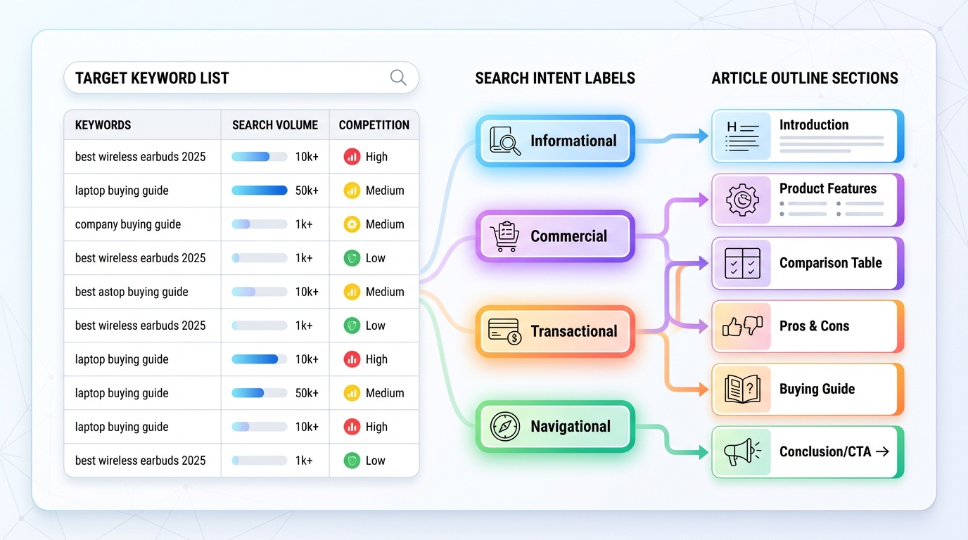 Content planning sheet for Amazon Associates showing a target keyword list, intent labels, and article outline sections mapped to each keyword