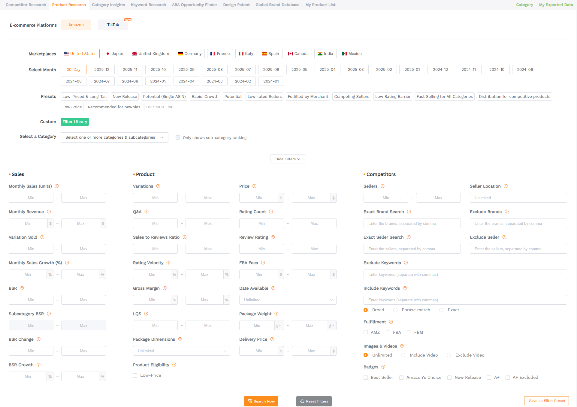 SellerSprite Product Research Filter