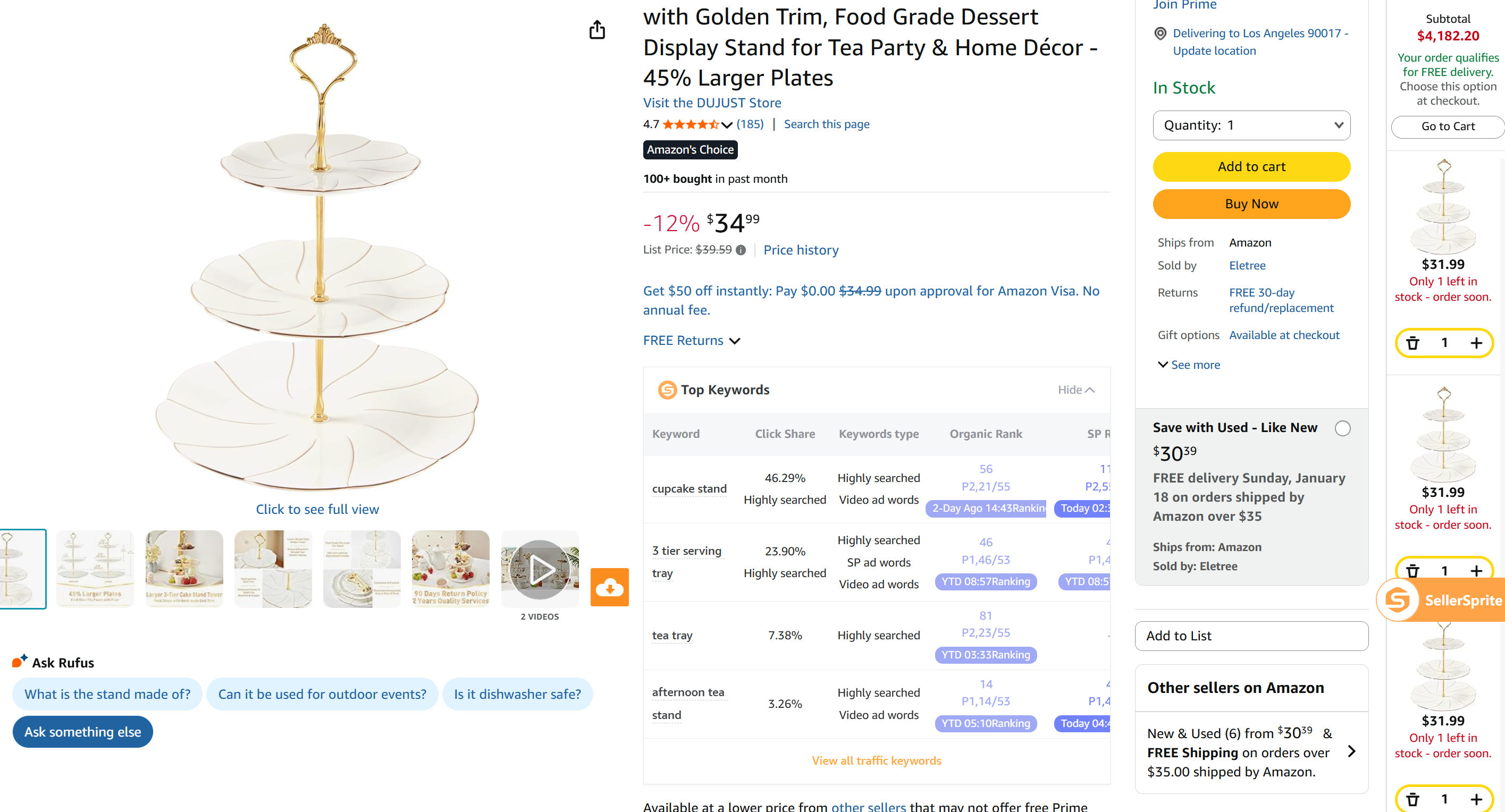 SellerSprite browser extension overlay on an Amazon product page showing price, sales rank, and trend indicators