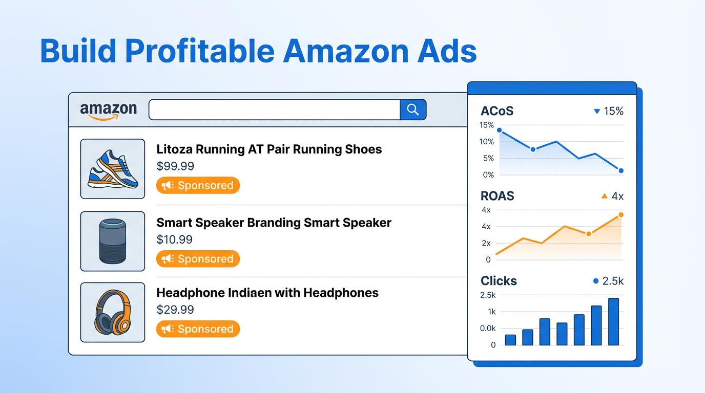 Modern flat illustration of a profitable Amazon ads dashboard with Sponsored Products, Brands and Display icons, charts for ACoS and ROAS rising, clean SaaS style, blue and orange accents, concept of high ROI Amazon PPC campaigns.