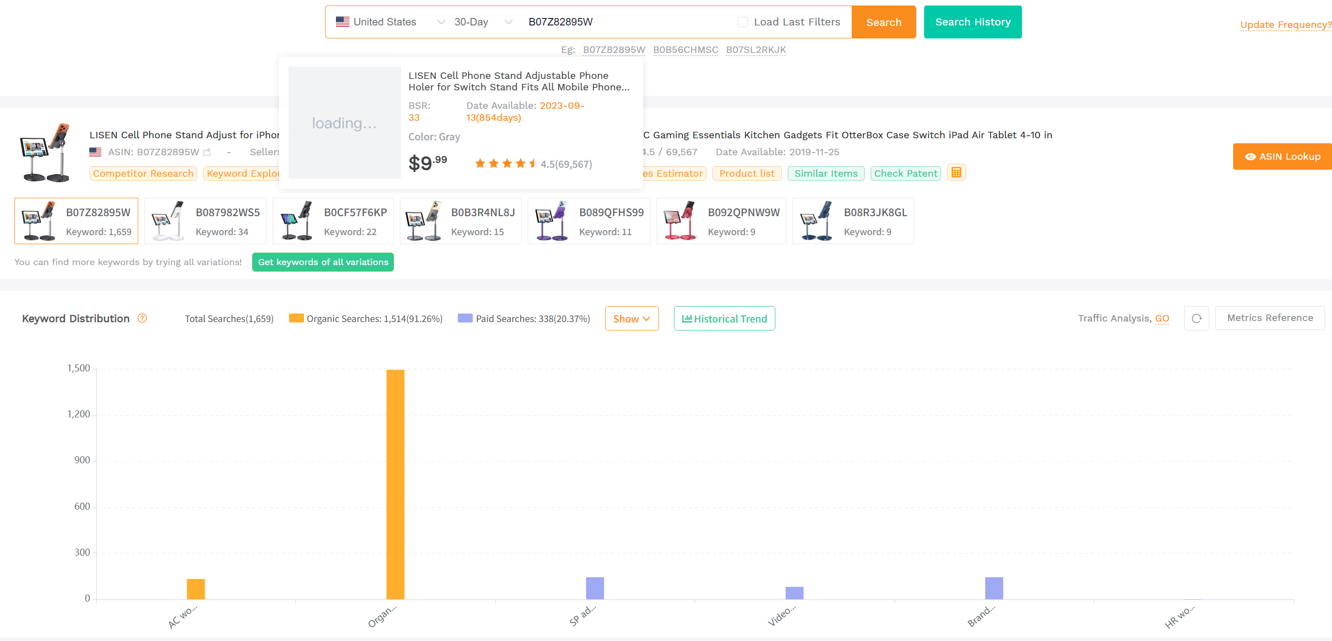 Reverse ASIN keyword research tool interface