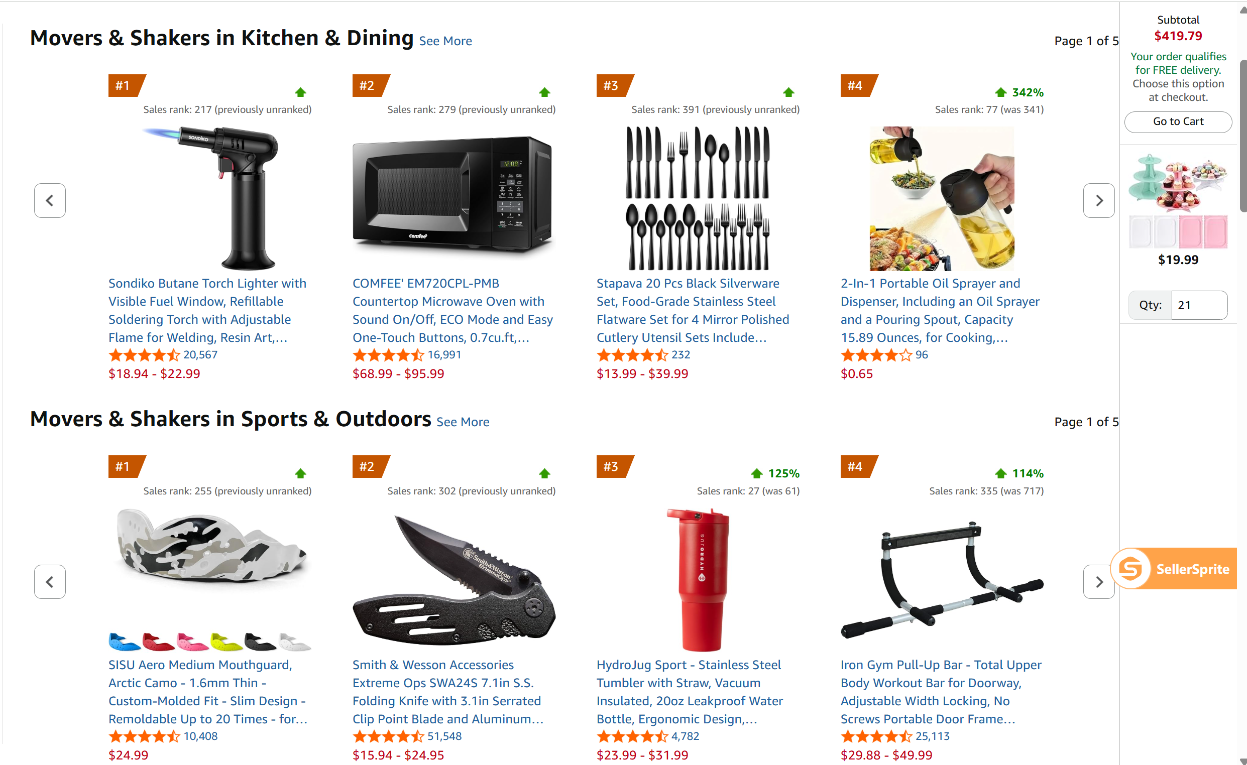 Amazon Movers and Shakers page screenshot showing fast-rising products and category filters for trend discovery