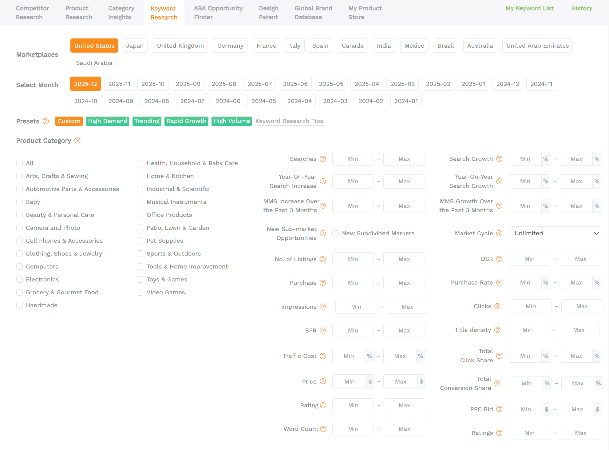 SellerSprite Keyword Research filters screenshot showing marketplace selection, time range, search volume, growth, and conversion indicators for Amazon product research