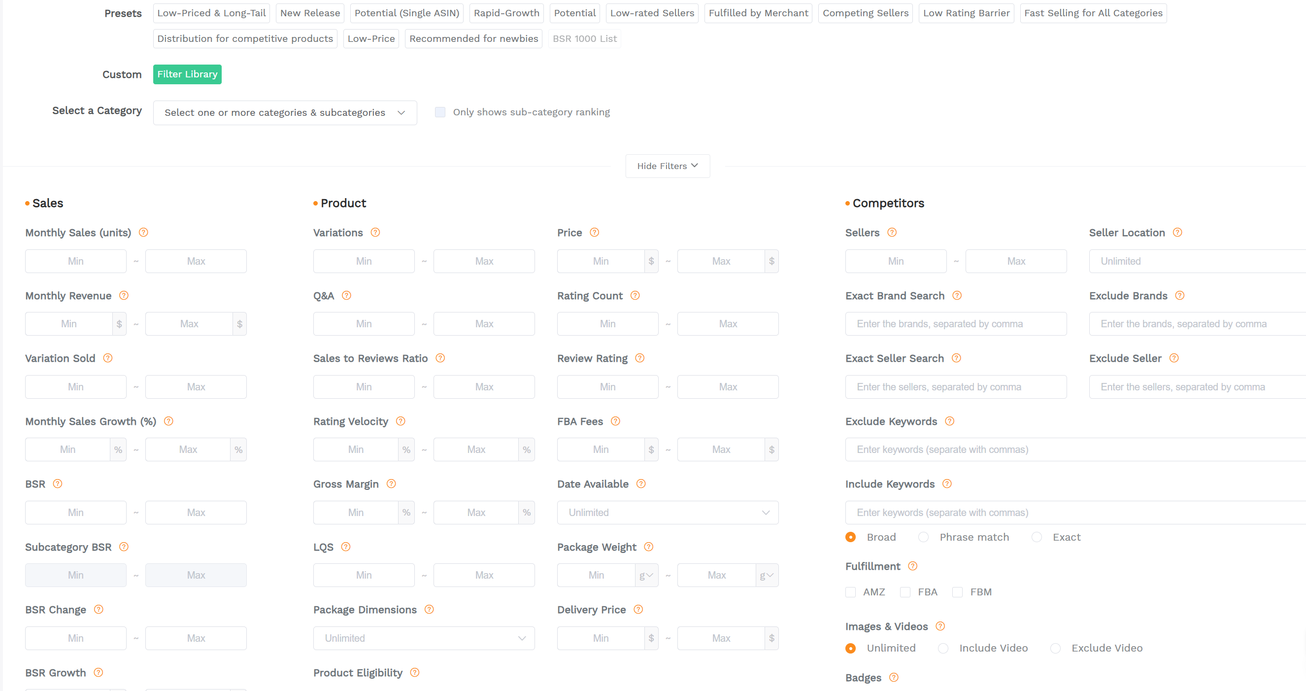 SellerSprite Product Research results screenshot with filters for monthly sales, revenue, rating count, and historical charts used to validate high demand products