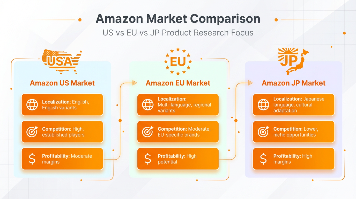Comparison graphic showing Amazon US vs EU vs JP product research focus areas including localization, competition, and profitability checks