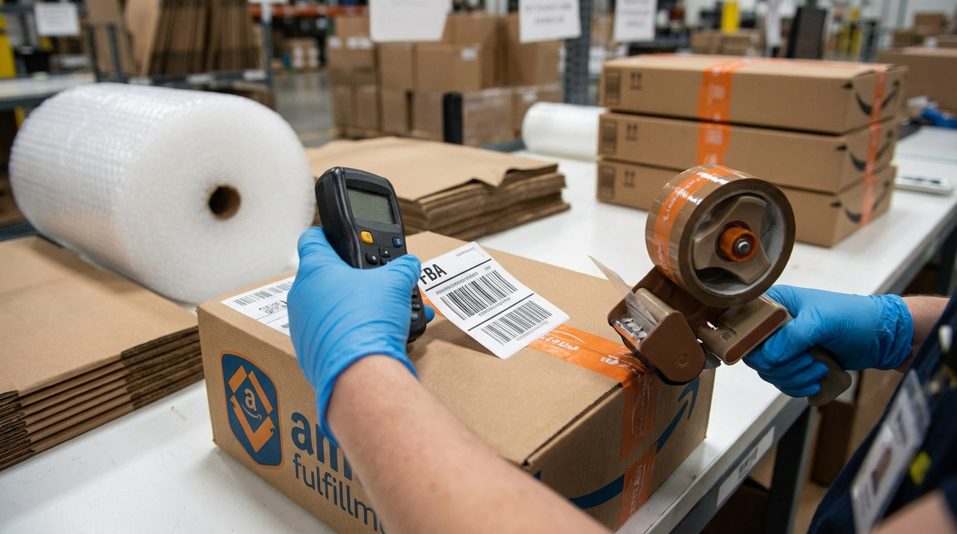 A seller applying FBA barcode labels and sealing cartons, preparing inventory for shipment to Amazon fulfillment centers.