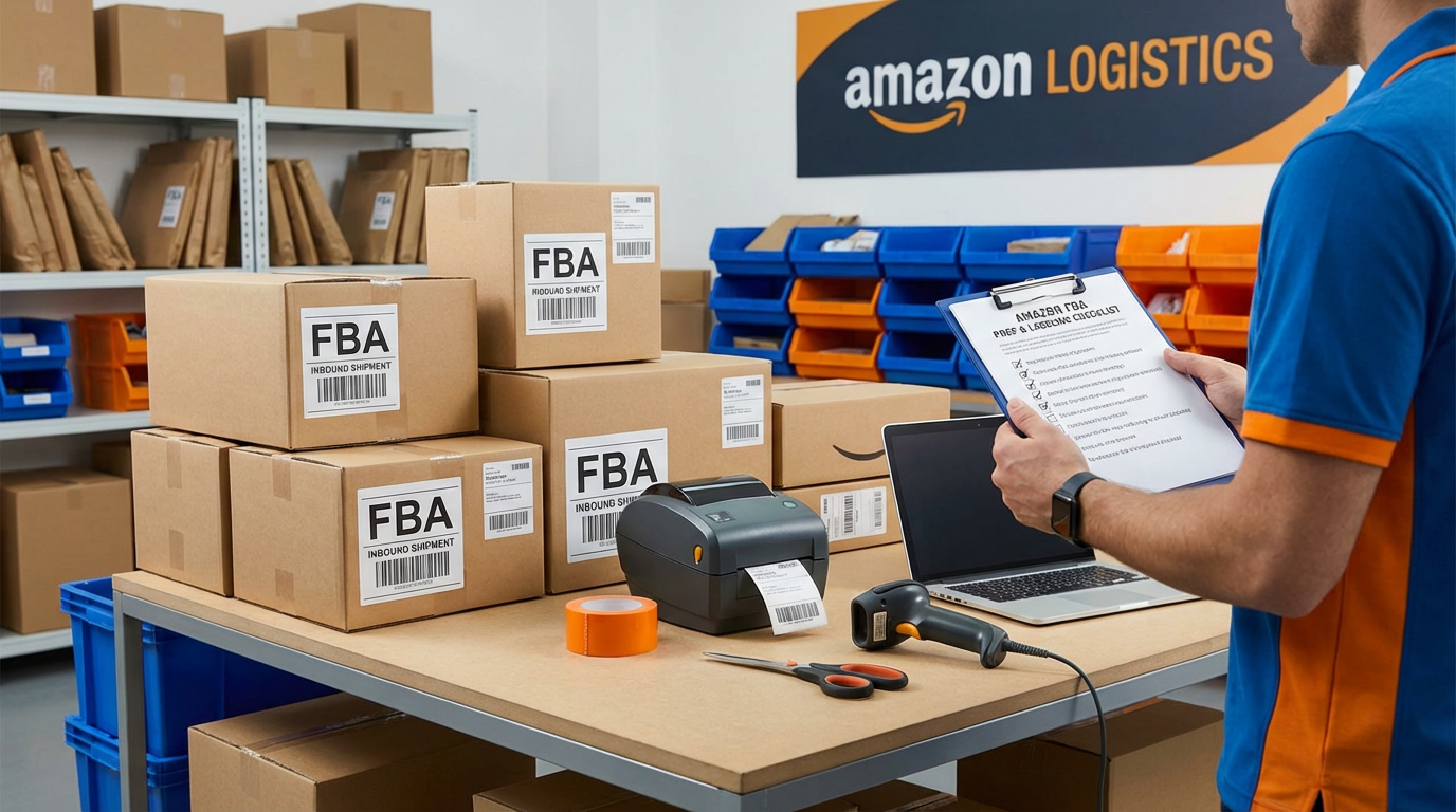 Cartons labeled for inbound shipment next to a checklist for FBA prep and labeling, showing the first step of sending inventory to Amazon warehouses.