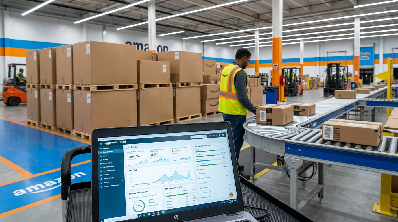 A modern warehouse scene with boxes, a conveyor belt, and a laptop showing a seller dashboard, illustrating Fulfillment by Amazon operations.